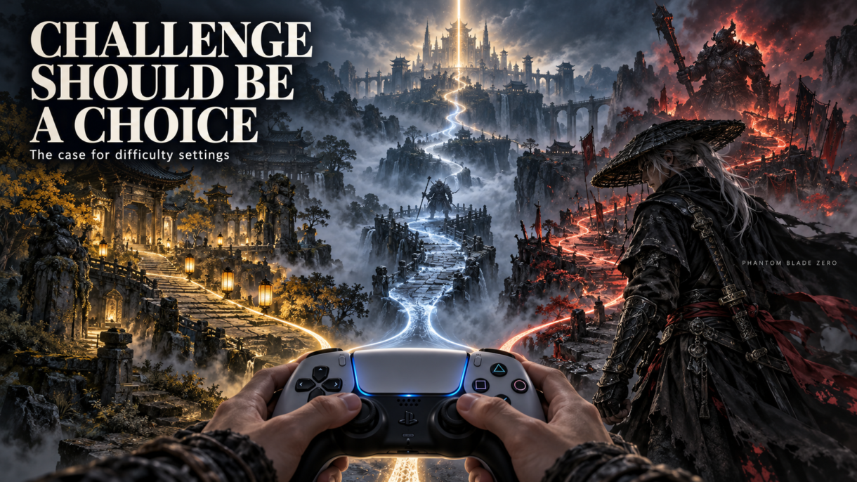 A player holds a controller before three paths through a dark fantasy landscape. Text reads: Challenge should be a choice.